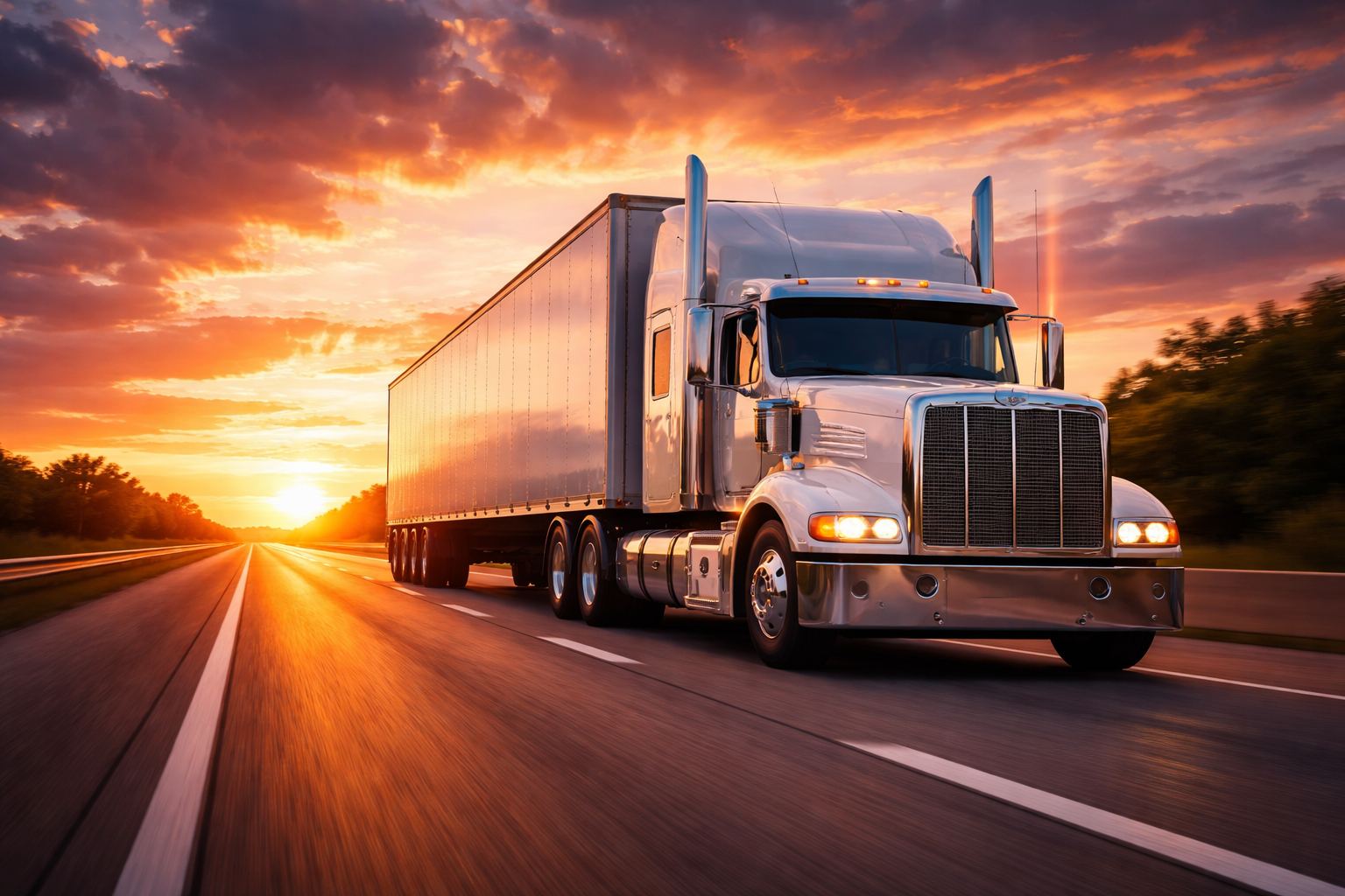 Tractocamión con caja seca en carretera al atardecer